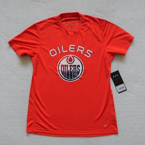 47 Brand EDMONTON OILERS Hockey T-Shirt Size M Orange Microlite Fabric Logo - Picture 1 of 6